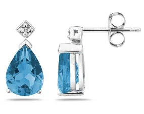 1 1/2 Carat Pear Shaped Blue Toapz  & Diamond Earrings In 10K White Gold