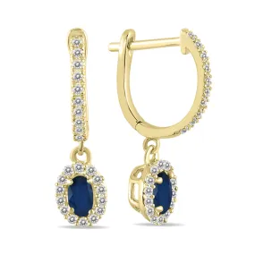 1/2 Carat Oval Sapphire And Diamond Halo Dangle Earrings In 10K Yellow Gold