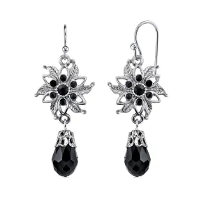 1928 Jewelry Black Crystal Flower Jet Crystal Dangling Earrings