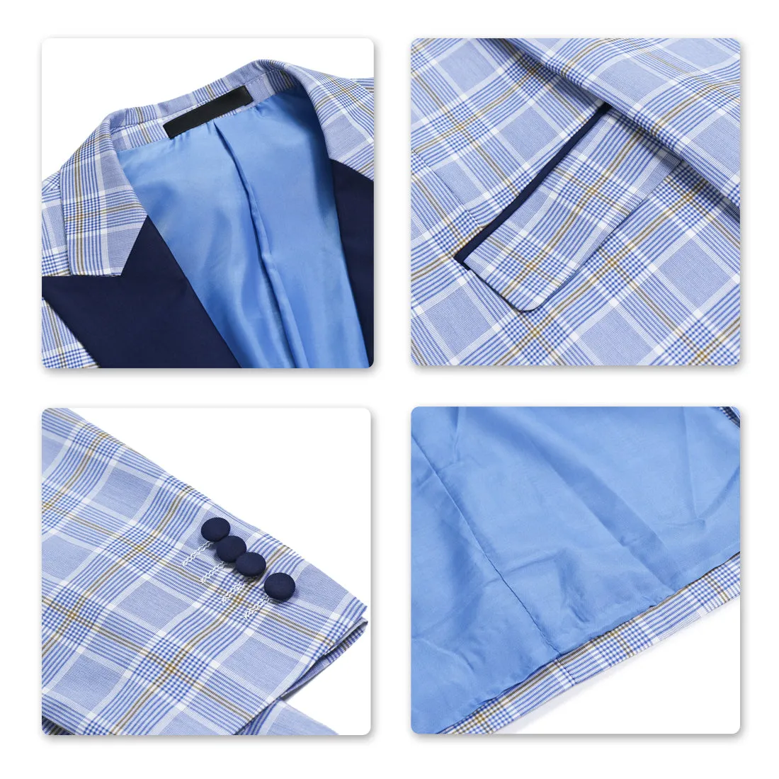 3-Piece Slim Fit Plaid Suit Light Blue