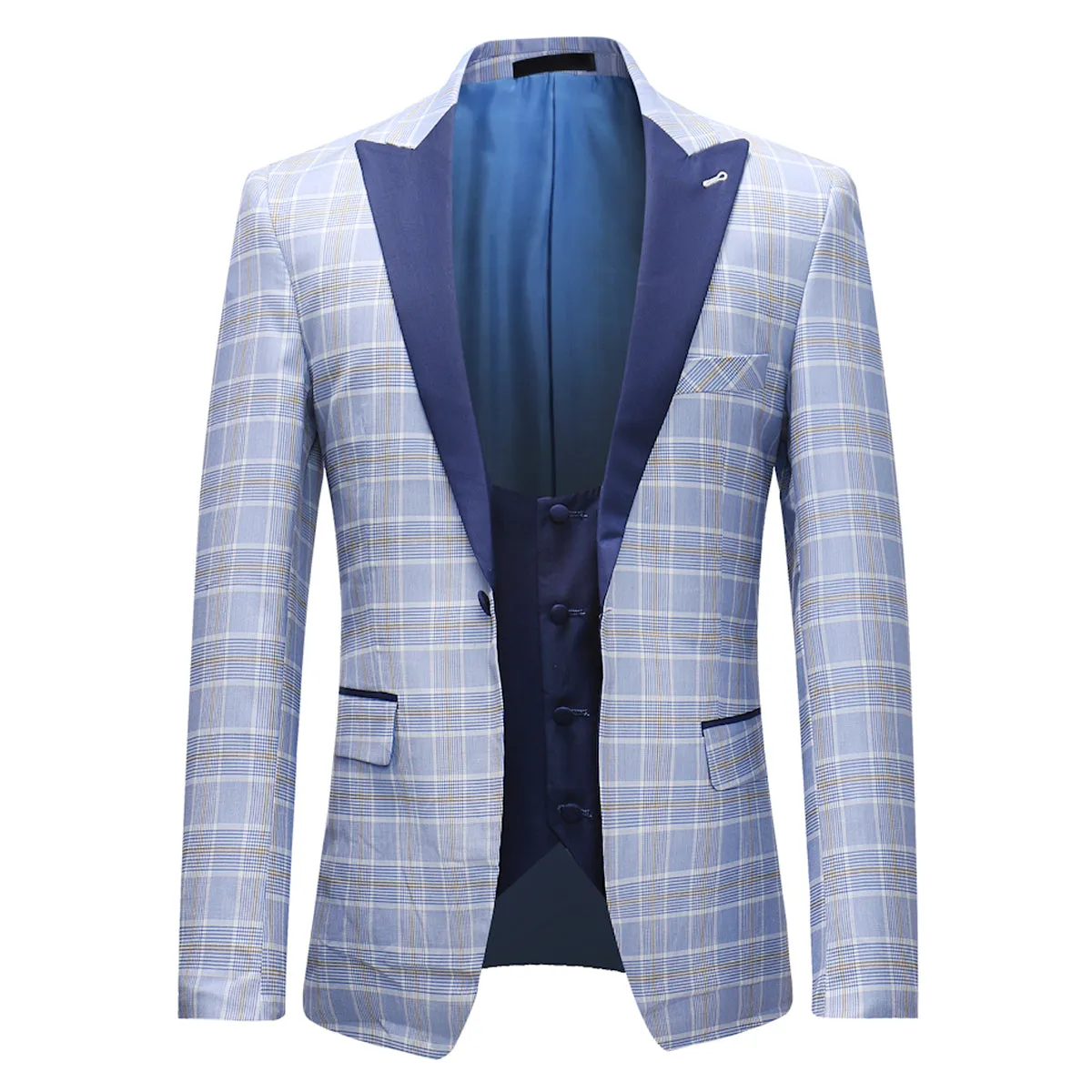 3-Piece Slim Fit Plaid Suit Light Blue