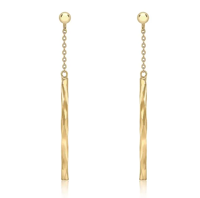 9K Yellow Gold Diamond Cut Bar and Chain Drop Earrings