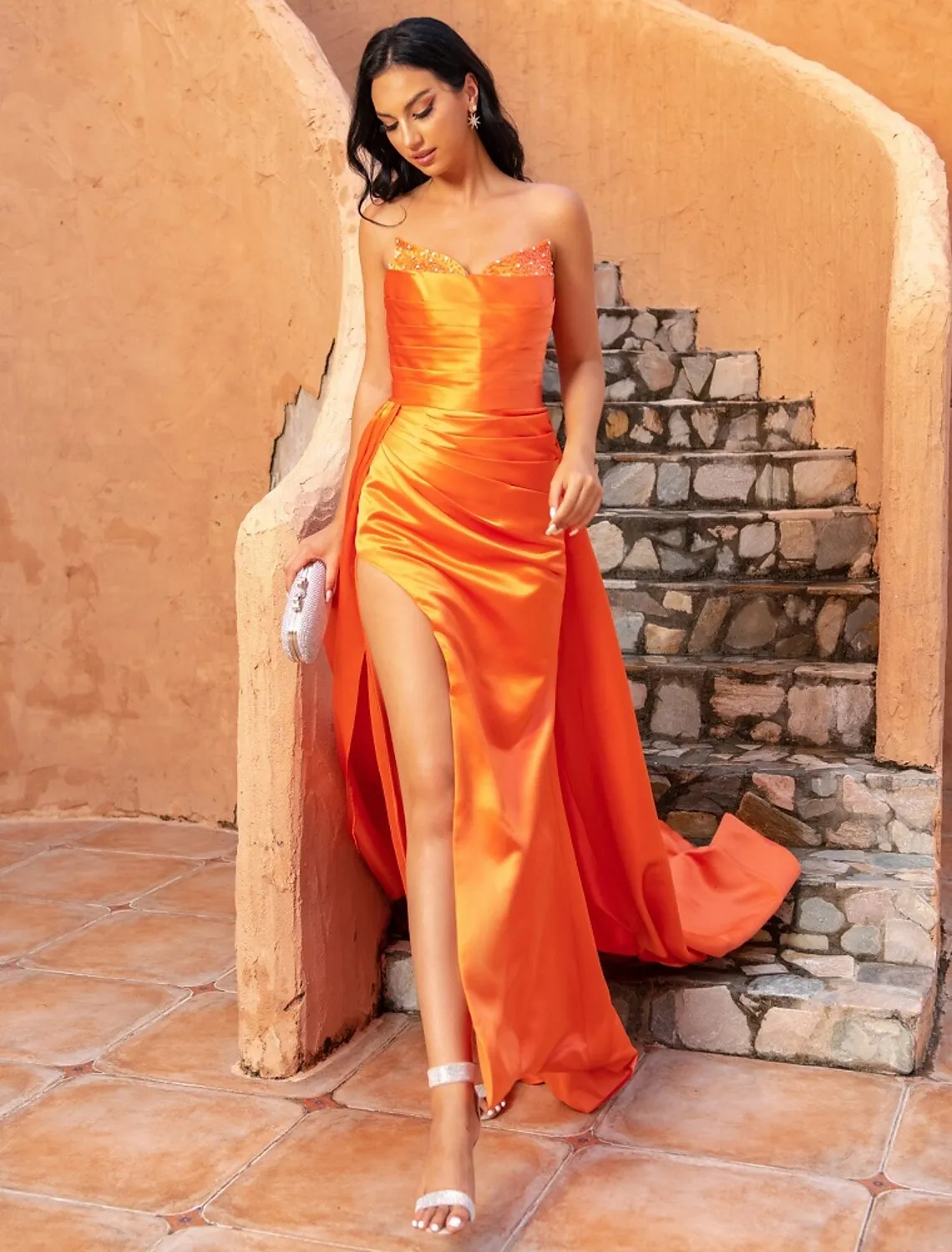 A-Line Evening Gown Celebrity Style Dress Formal Sweep / Brush Train Sleeveless V Neck Satin with Crystals Slit