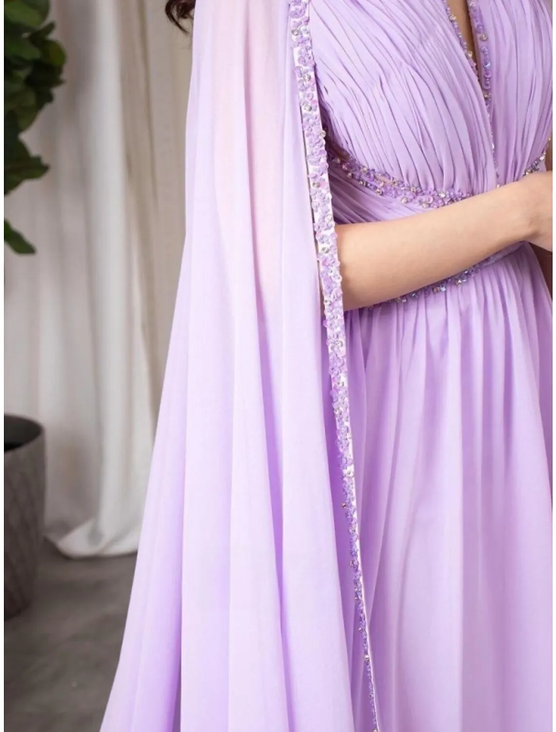 A-Line Evening Gown Elegant Dress Formal Fall Court Train Long Sleeve V Neck Chiffon with Pleats Sequin