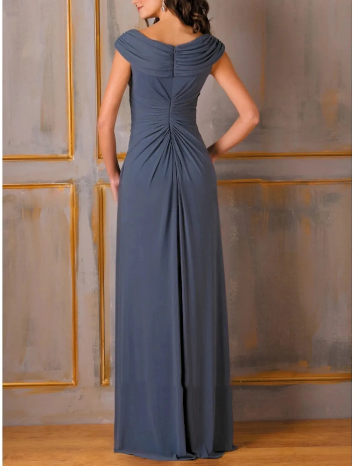 A-Line Evening Gown Party Dress Elegant Dress Formal Fall Floor Length Short Sleeve Scoop Neck Chiffon with Pleats Ruched Appliques