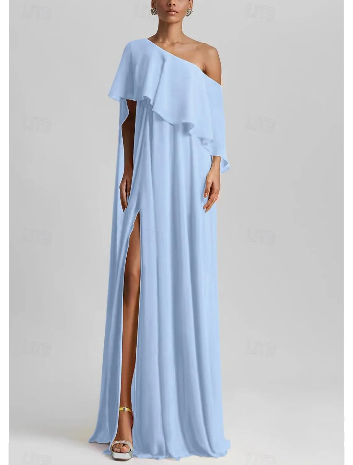 A-Line Gown Elegant Formal Wedding Guest Floor Length Sleeveless One Shoulder Stretch Chiffon with Ruffles Slit Evening Dress