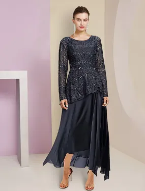 A-Line Mother of the Bride Dress Formal Wedding Guest Elegant High Low Scoop Neck Asymmetrical Tea Length Chiffon Lace Long Sleeve with Pleats Ruched