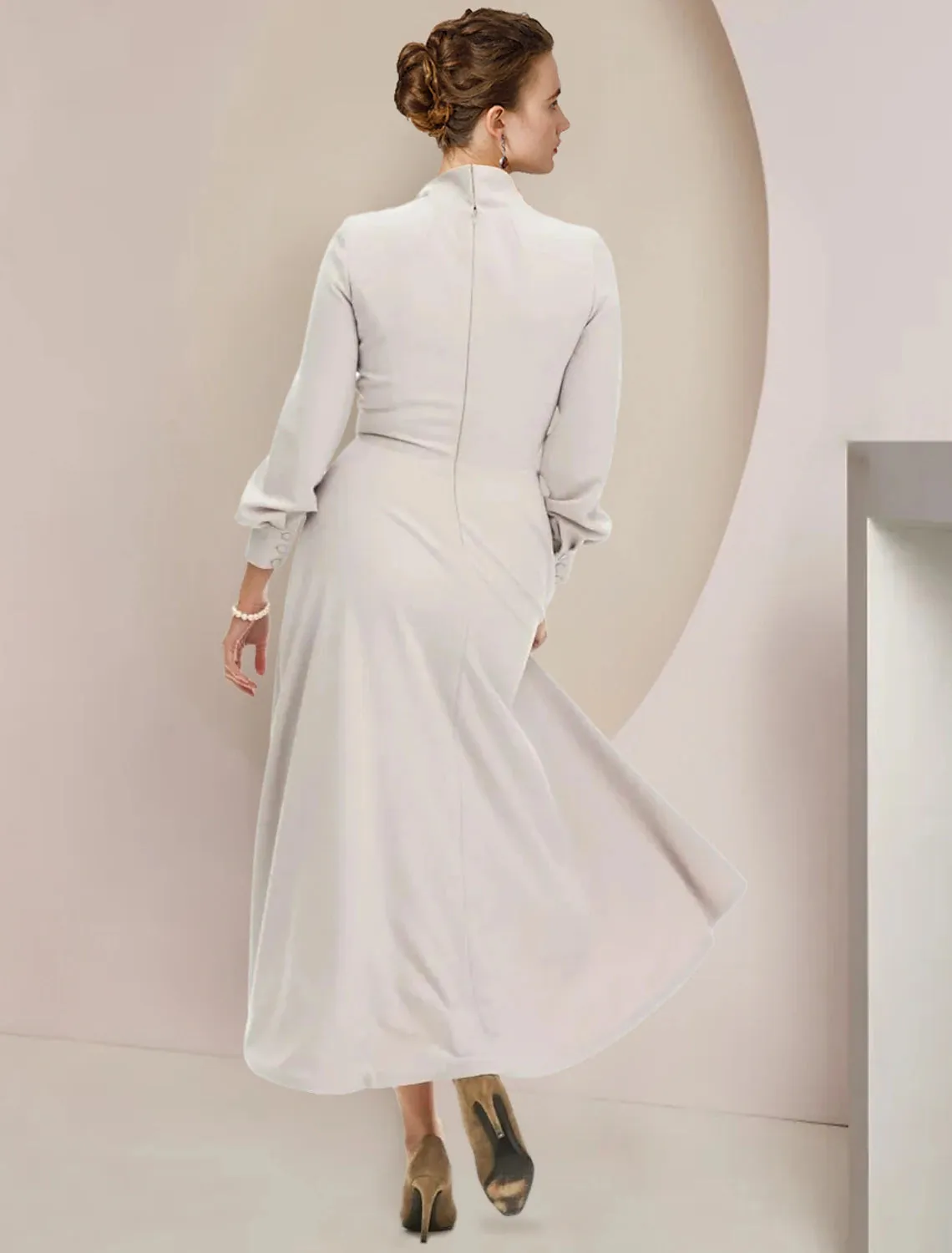 A-Line Mother of the Bride Dress Formal Wedding Guest Party Elegant High Neck Asymmetrical Tea Length Stretch Chiffon Long Sleeve with Bow(s)