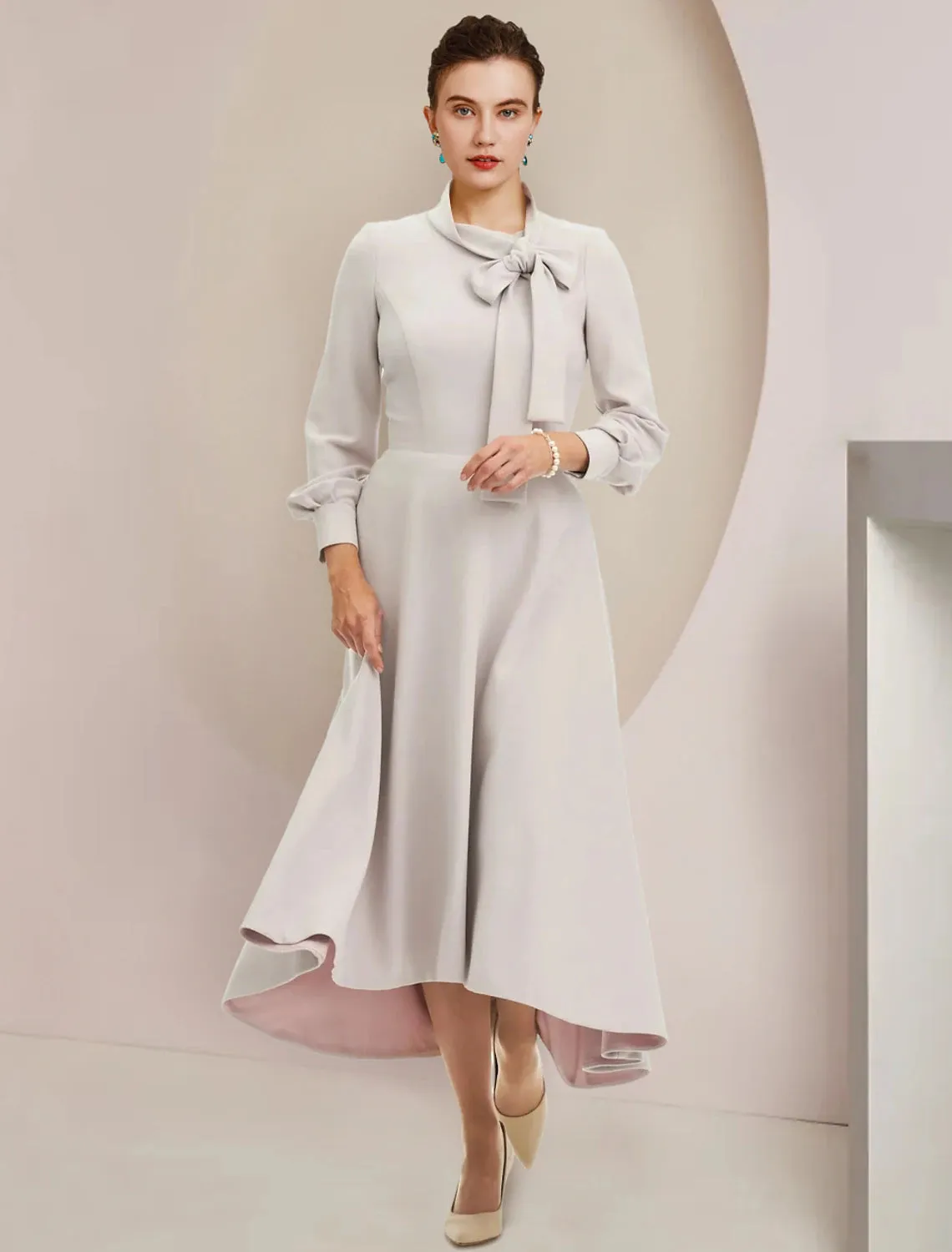 A-Line Mother of the Bride Dress Formal Wedding Guest Party Elegant High Neck Asymmetrical Tea Length Stretch Chiffon Long Sleeve with Bow(s)