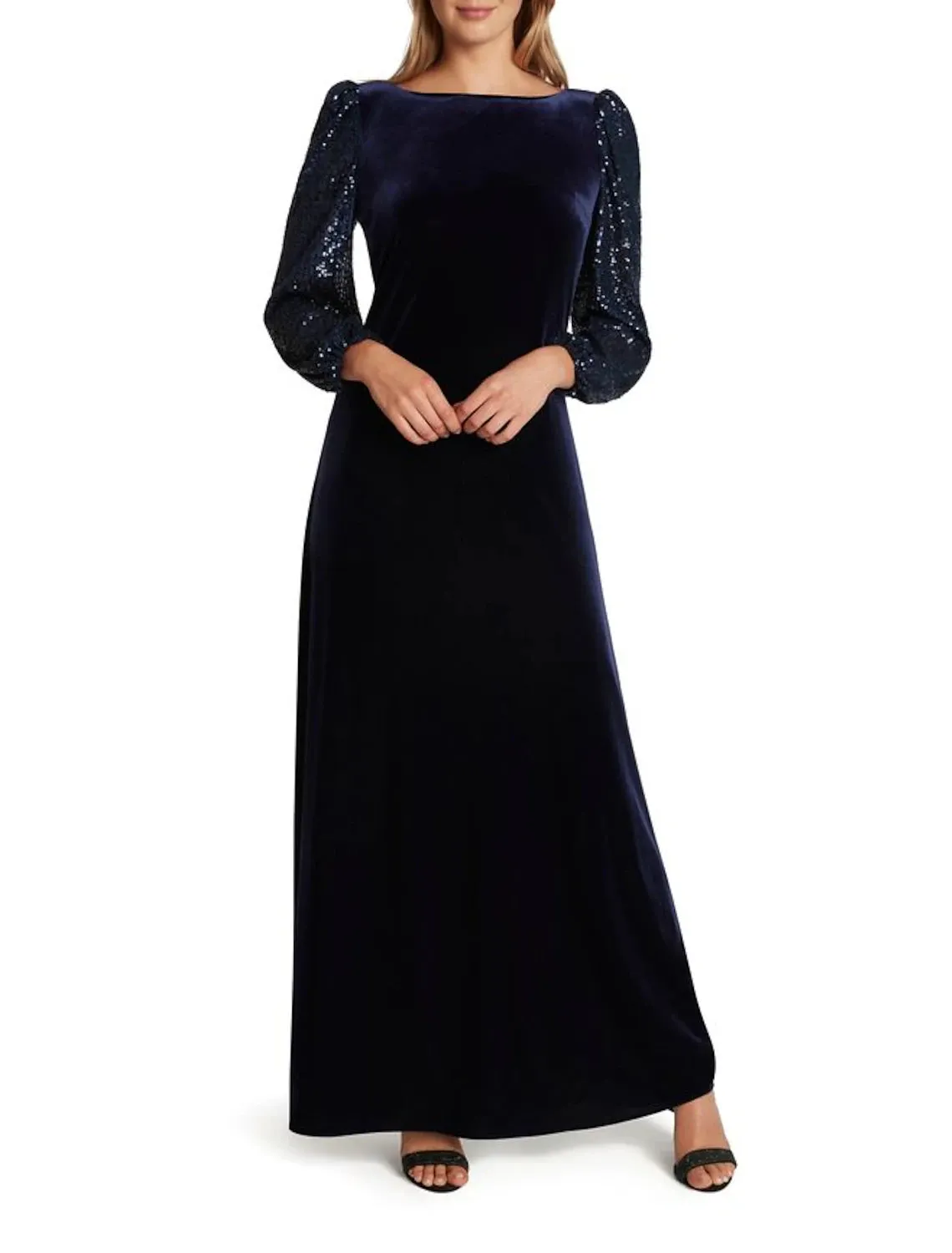 A-Line Mother of the Bride Dress Formal Wedding Guest Vintage Party Elegant Scoop Neck Sweep / Brush Train Floor Length Velvet Long Sleeve with Sequin