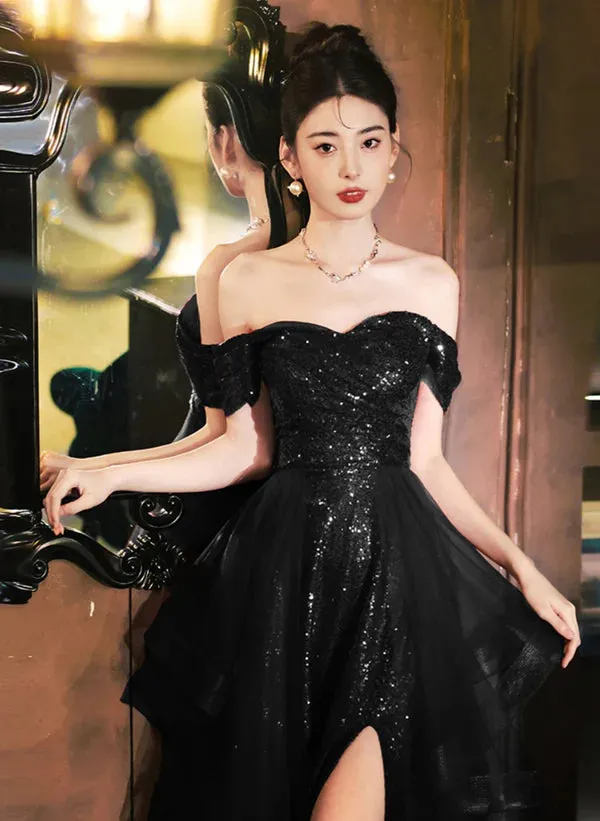 A-Line Princess Black Tulle Sequins Ruffle Tiered Long Prom Dress with Leg Slit Black Formal Dress