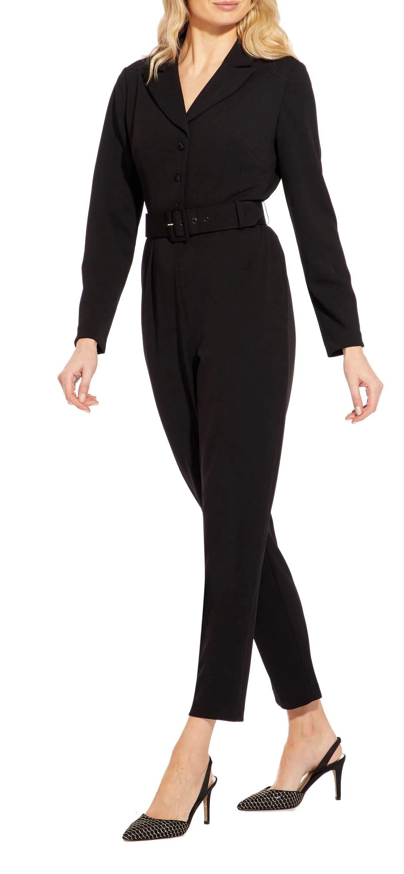 Adrianna Papell AP1D102936 Long Sleeve Belted Solid Stretch Crepe Jumpsuit