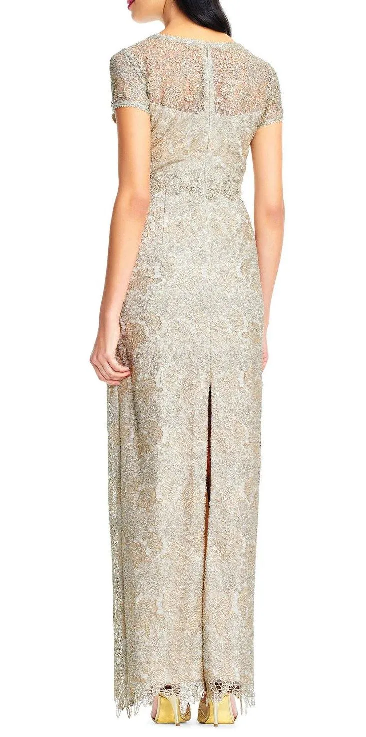 Adrianna Papell AP1E202688 Short Sleeve Slit Back Metallic Lace Dress