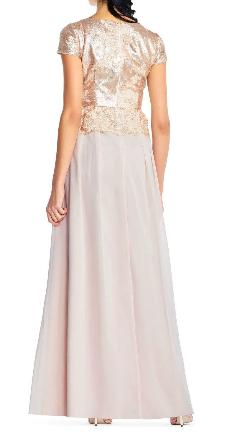 Adrianna Papell AP1E203408 Short Sleeve Pleated Sequin Chiffon Dress