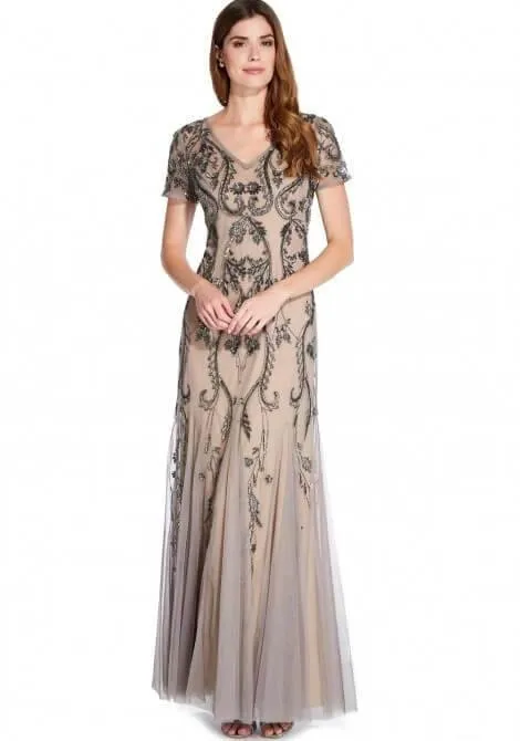 Adrianna Papell AP1E204586 Long Formal Short Sleeve Evening Dress