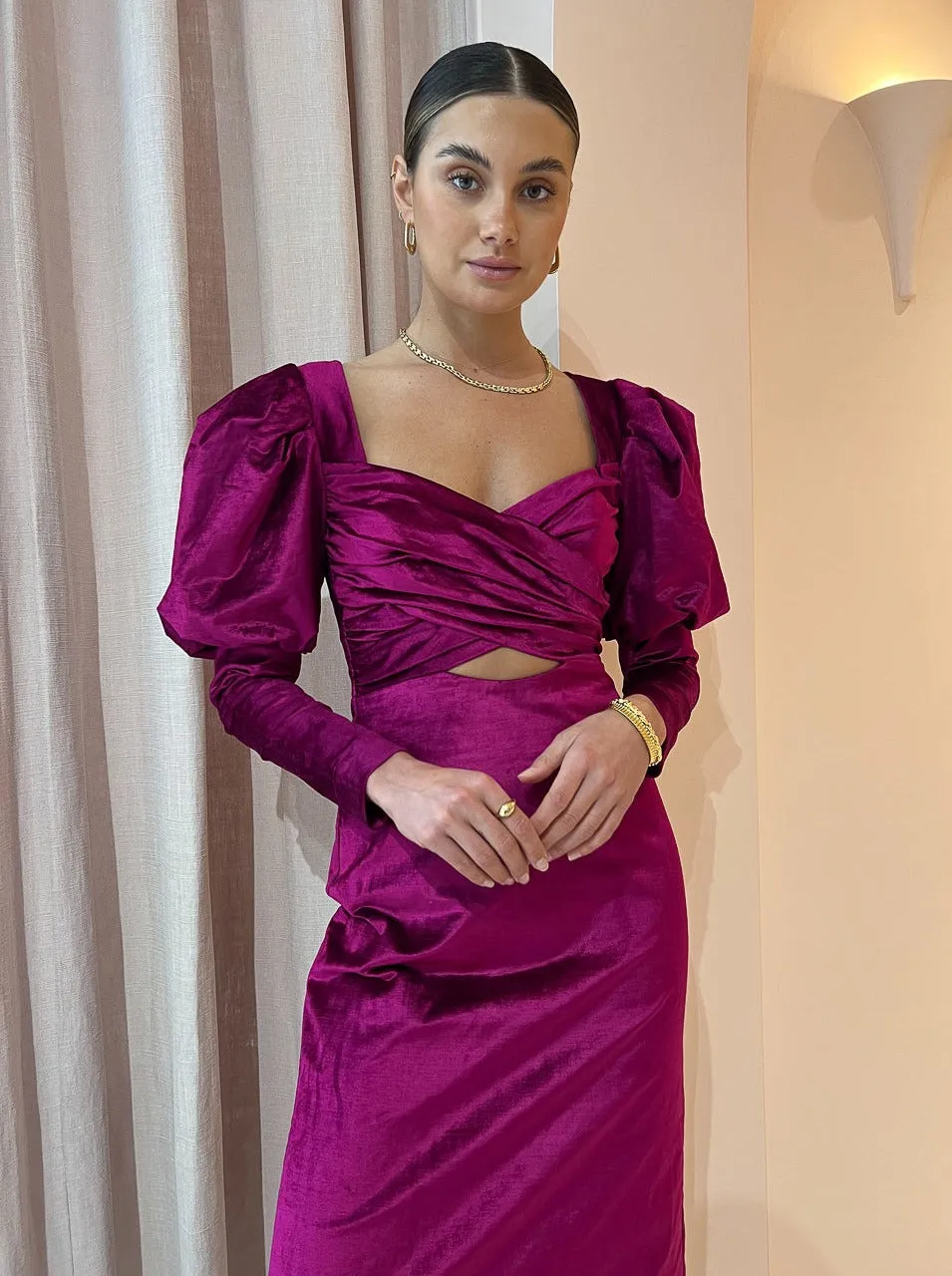 Alemais Rosario Midi Puff Sleeve Dress in Fushia