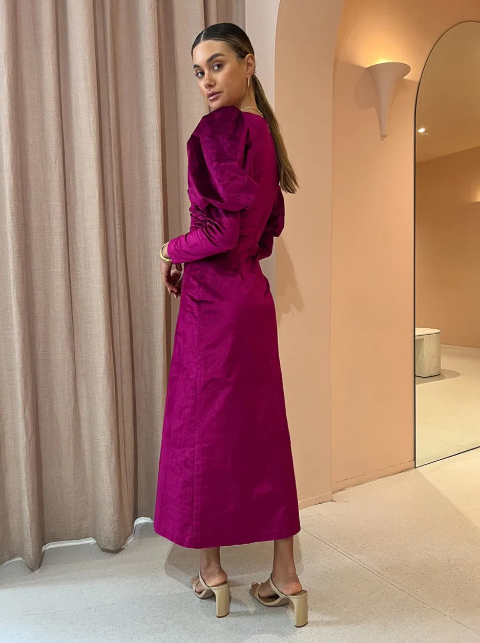 Alemais Rosario Midi Puff Sleeve Dress in Fushia