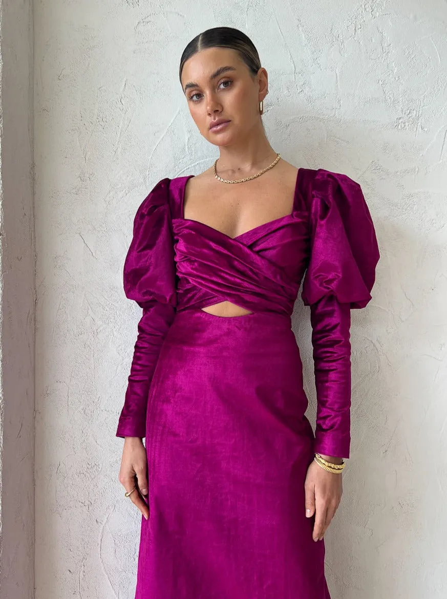 Alemais Rosario Midi Puff Sleeve Dress in Fushia