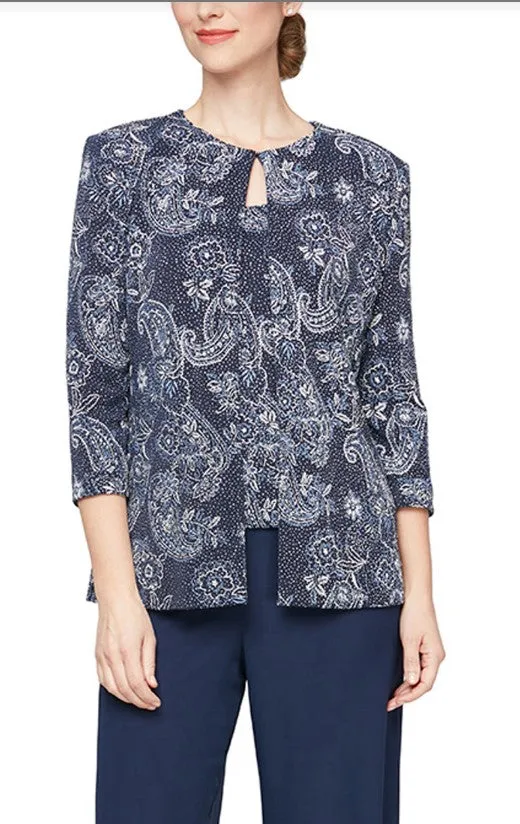 Alex Evenings 8327770 Printed Metallic 3/4 Sleeve Knit Twinset Jacket