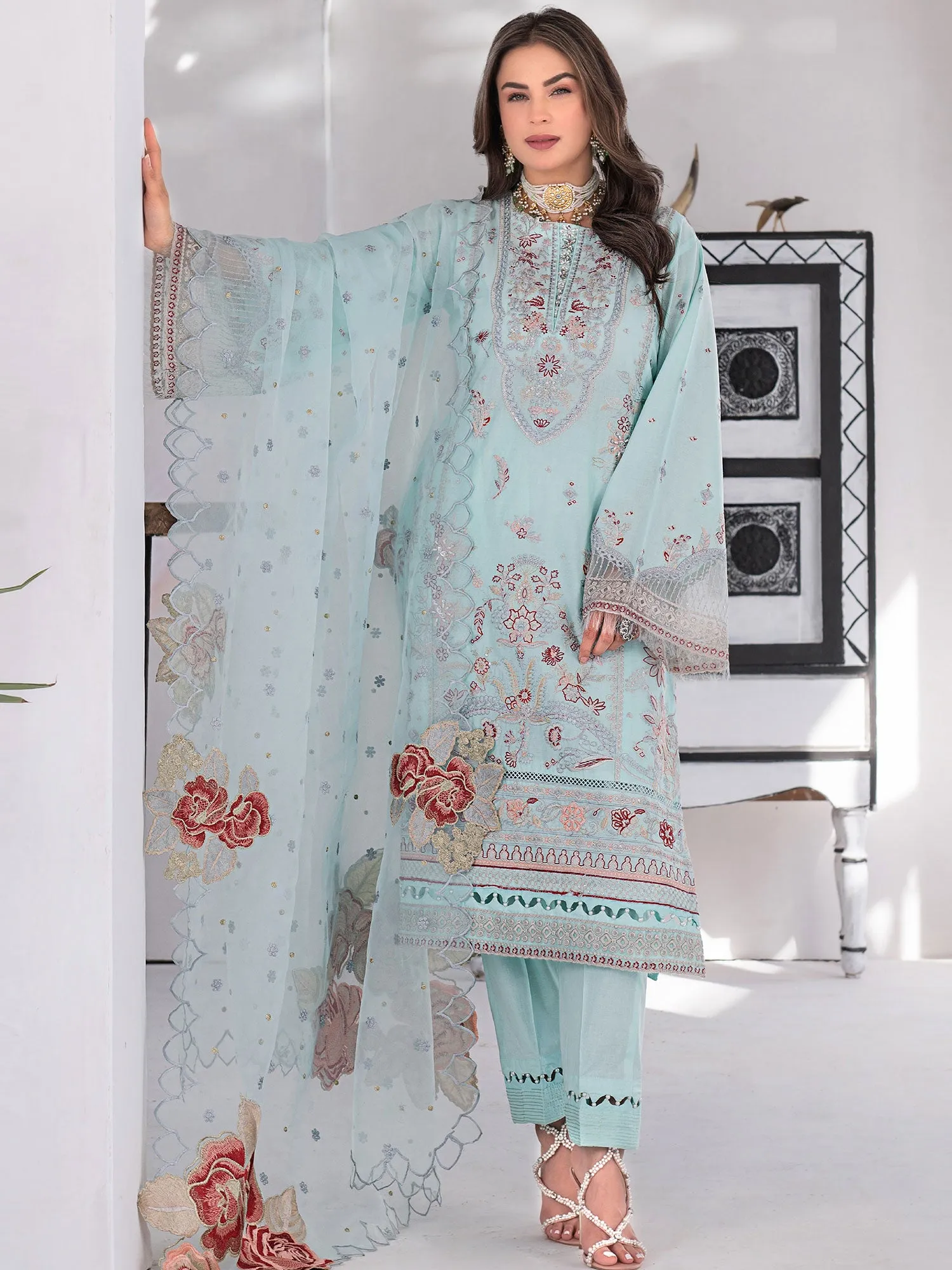 Ally's Luxury Cotton Sky Blue 3-Piece Suit (AL-823)