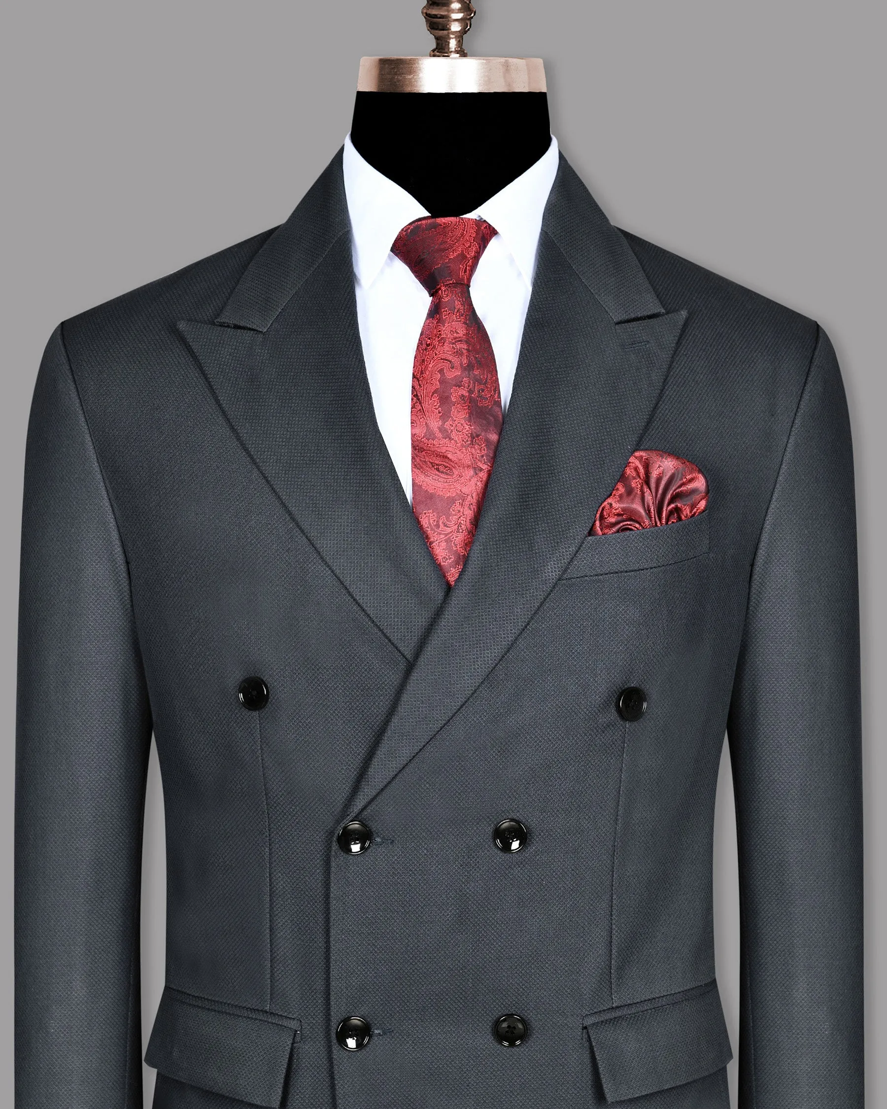 Anchor Grey Textured Premium Cotton Double Breasted Blazer