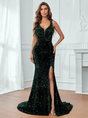 Backless Mermaid Hem Sequin Formal Dress