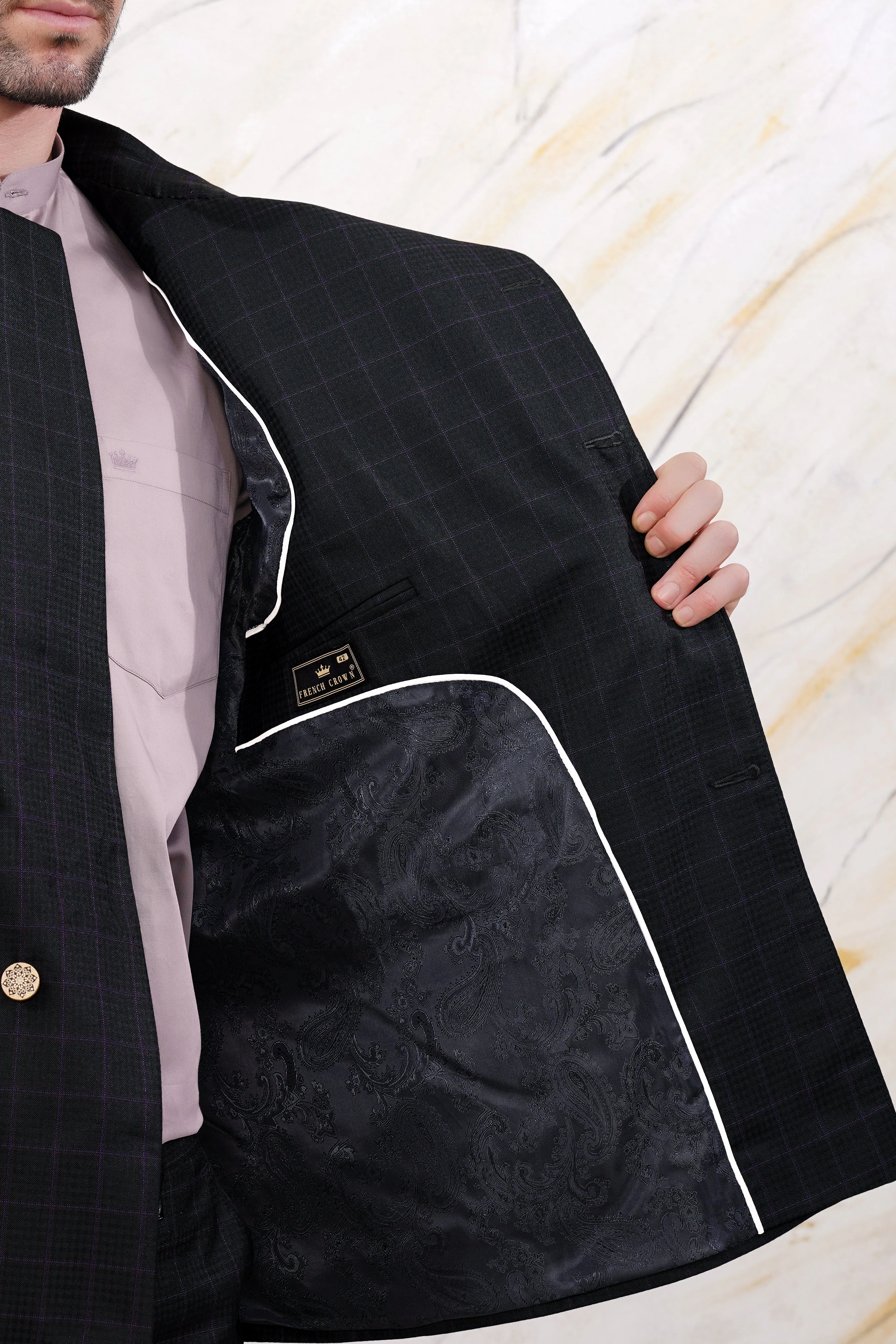 Bastille Black and Murasaki Purple Windowpane Cross Placket Wool Rich Bandhgala Blazer