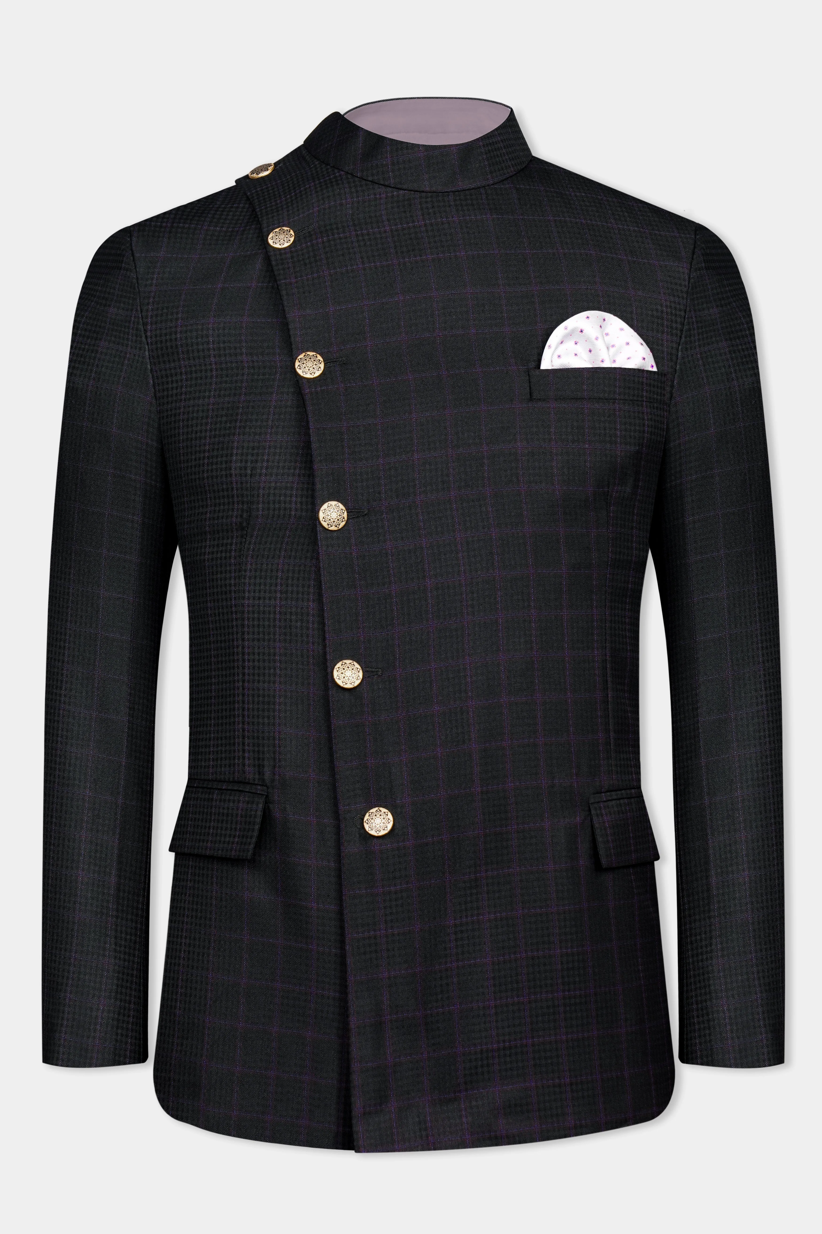 Bastille Black and Murasaki Purple Windowpane Cross Placket Wool Rich Bandhgala Blazer