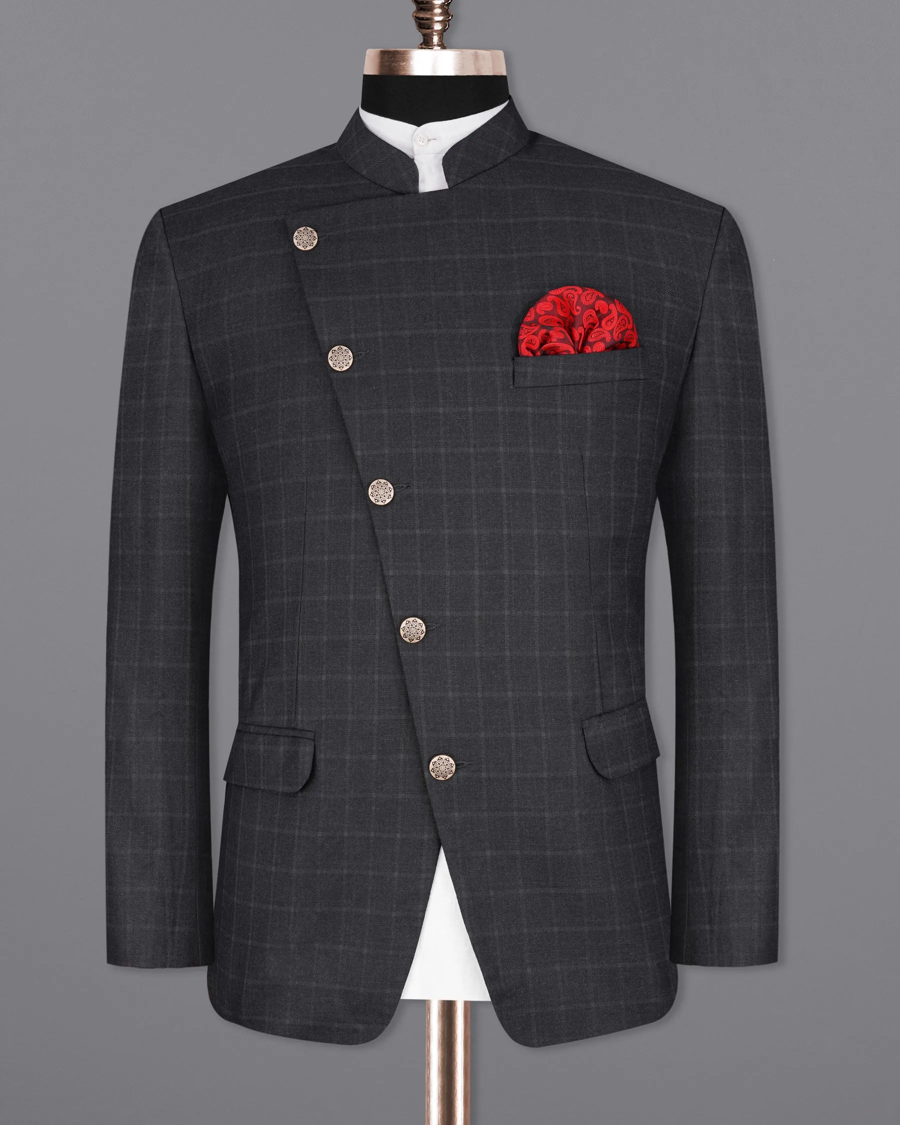 Bastille Light Black Windowpane Cross Placket Bandhgala Suit