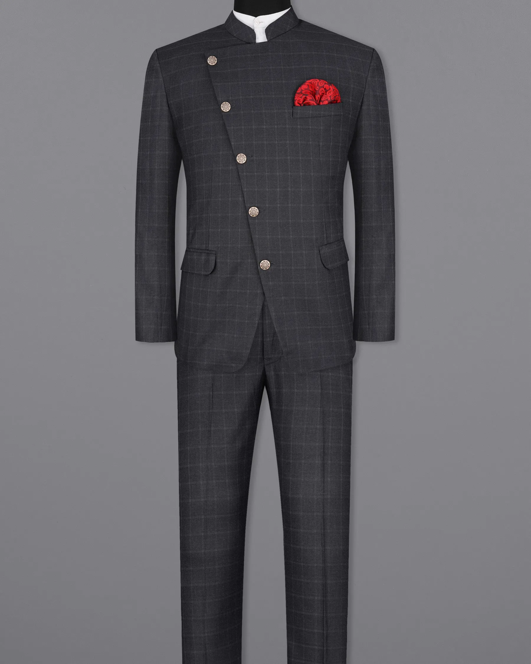 Bastille Light Black Windowpane Cross Placket Bandhgala Suit