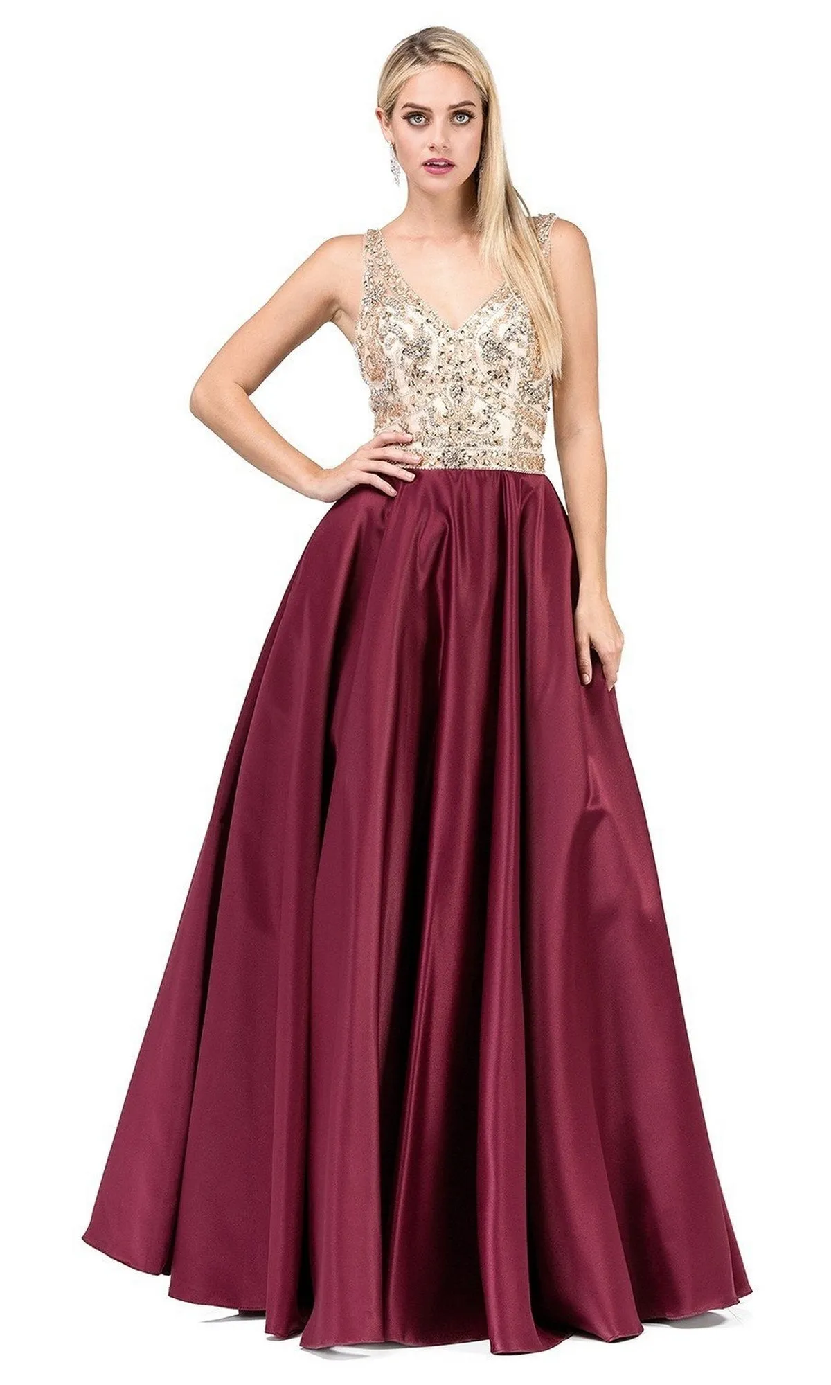 Beaded-Bodice Classic Formal Ball Gown with Pockets