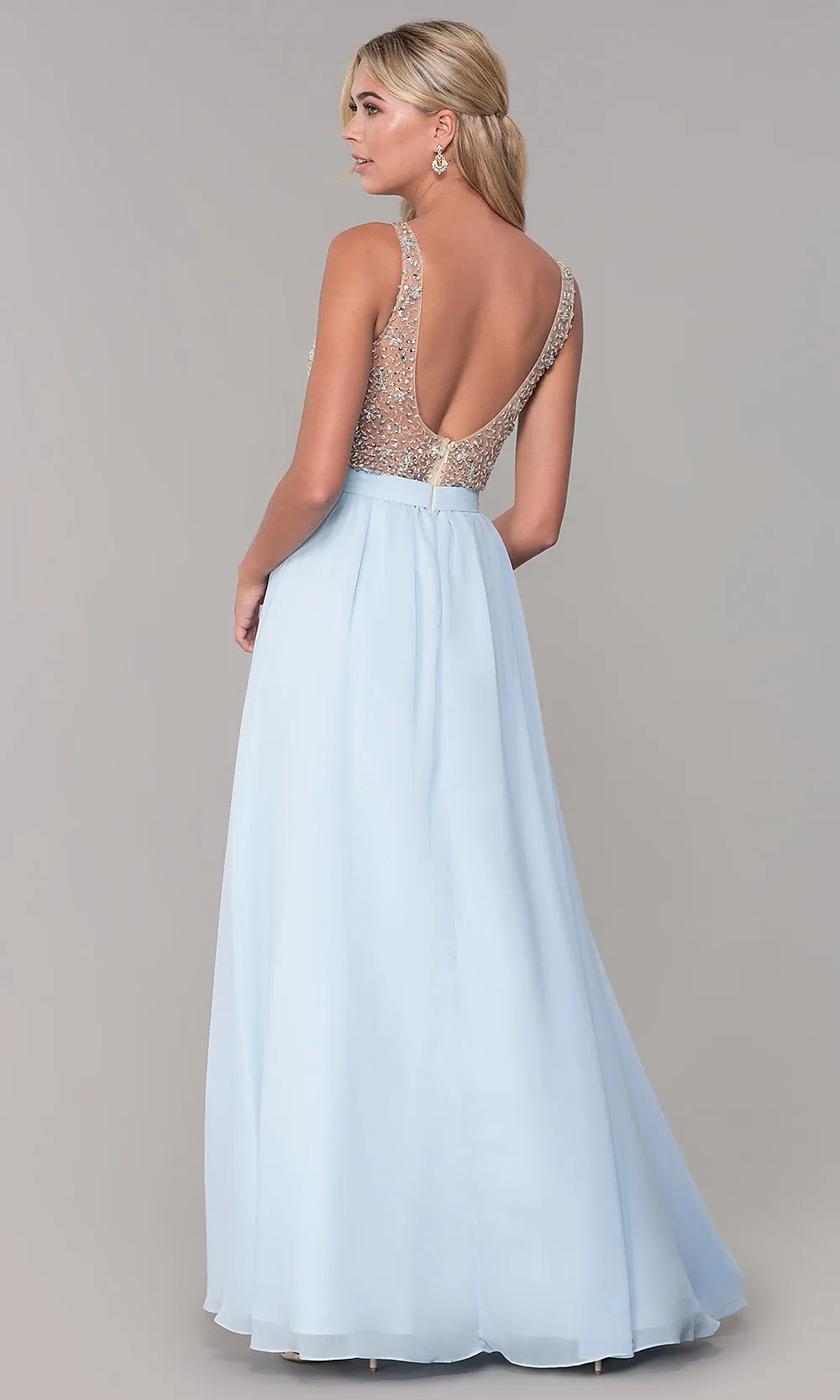 Beaded-Bodice Long Chiffon Formal Dress for Prom