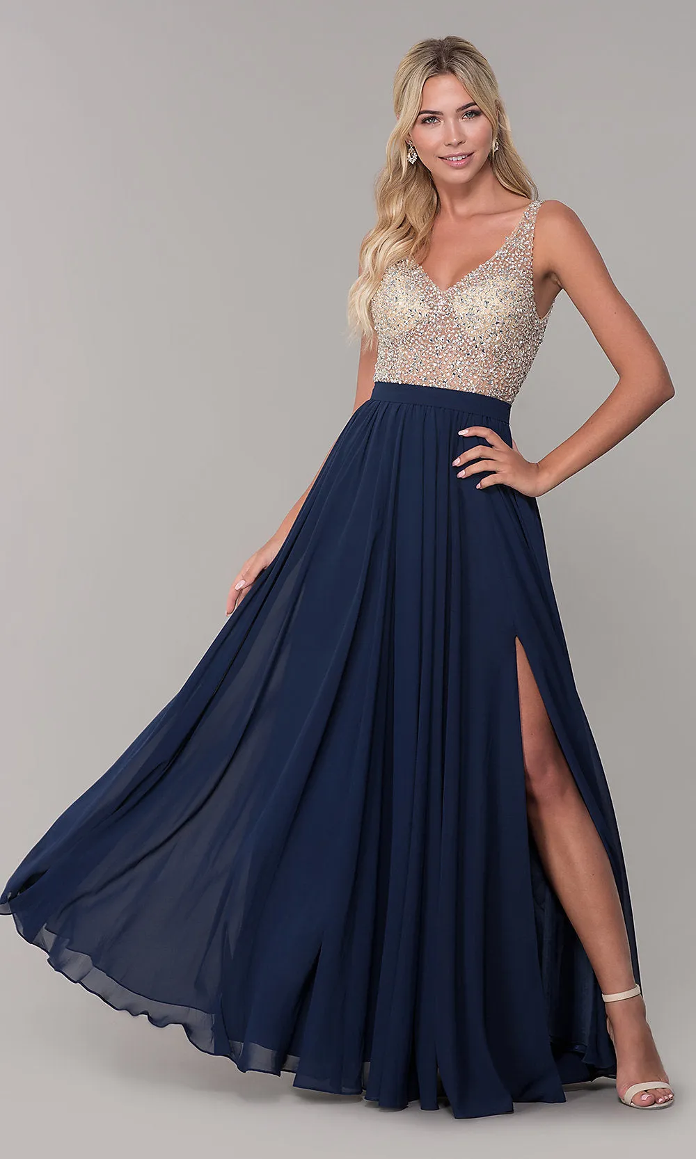 Beaded-Bodice Long Chiffon Formal Dress for Prom