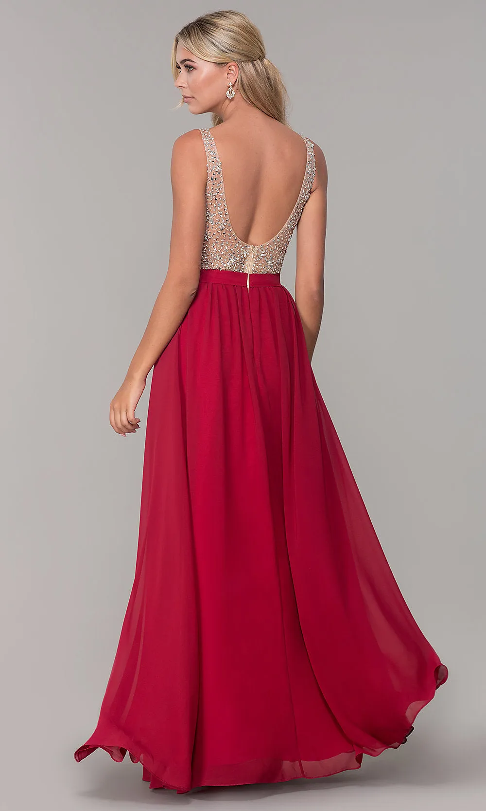 Beaded-Bodice Long Chiffon Formal Dress for Prom