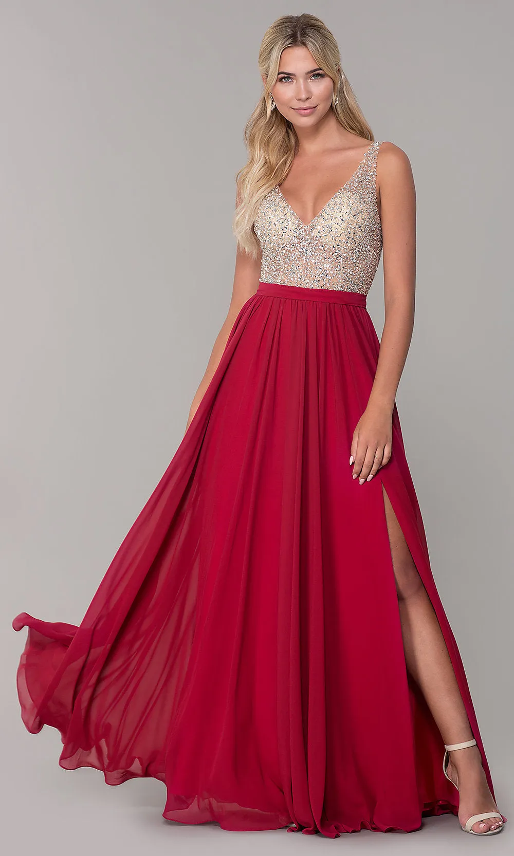 Beaded-Bodice Long Chiffon Formal Dress for Prom