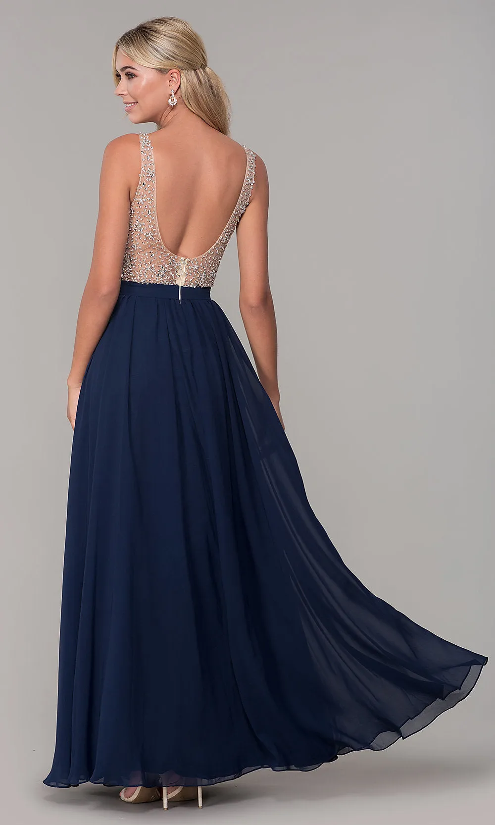 Beaded-Bodice Long Chiffon Formal Dress for Prom