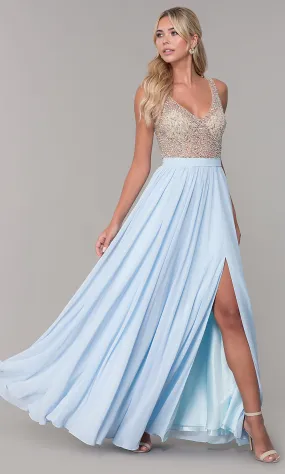 Beaded-Bodice Long Chiffon Formal Dress for Prom