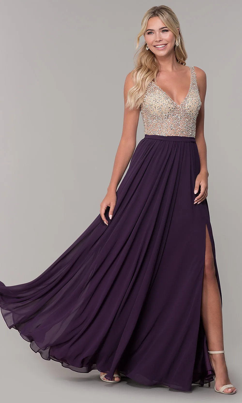 Beaded-Bodice Long Chiffon Formal Dress for Prom