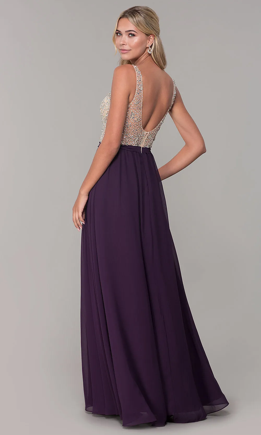 Beaded-Bodice Long Chiffon Formal Dress for Prom