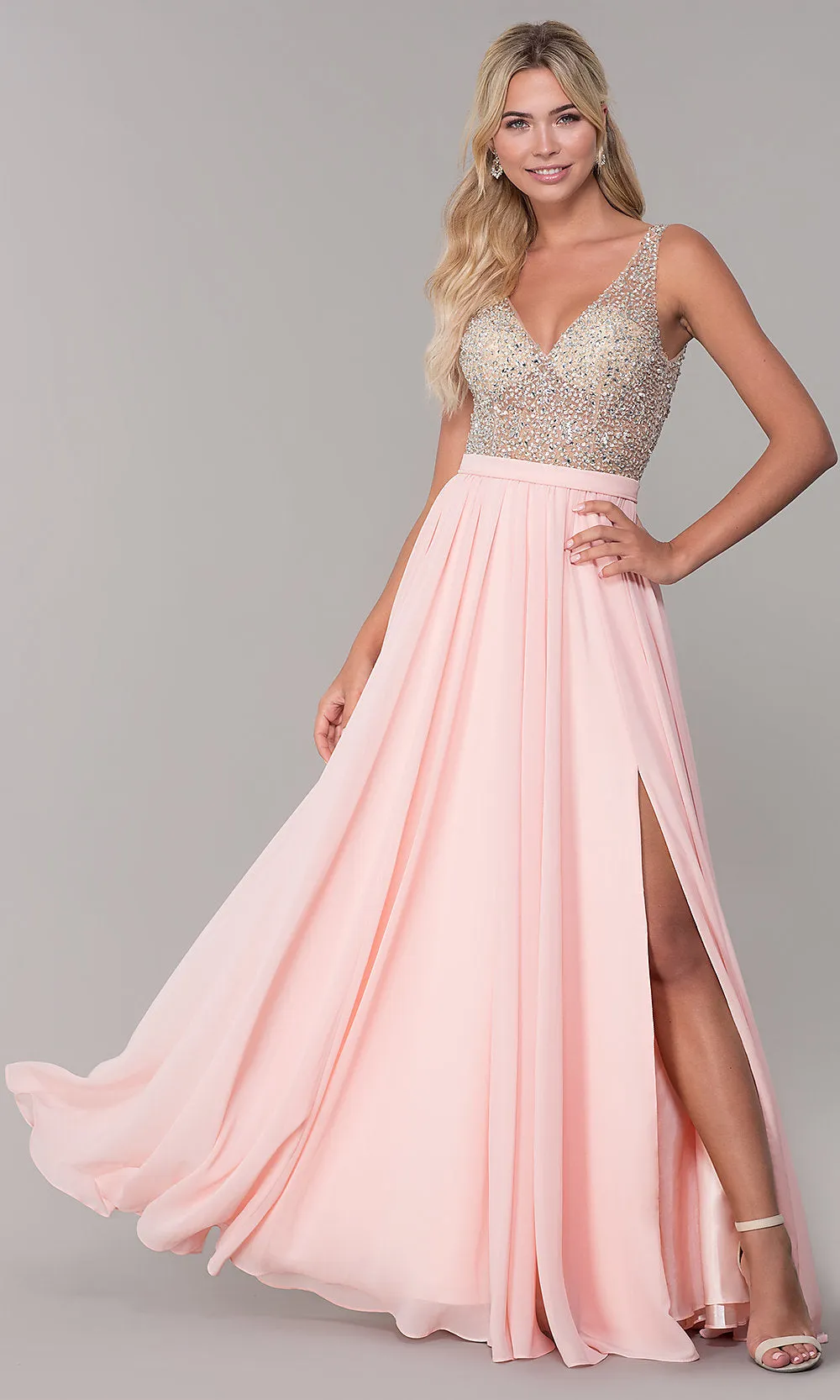 Beaded-Bodice Long Chiffon Formal Dress for Prom