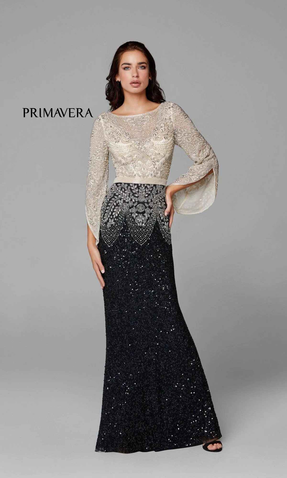 Beaded Evening Gown with Long Bell Sleeves 3680