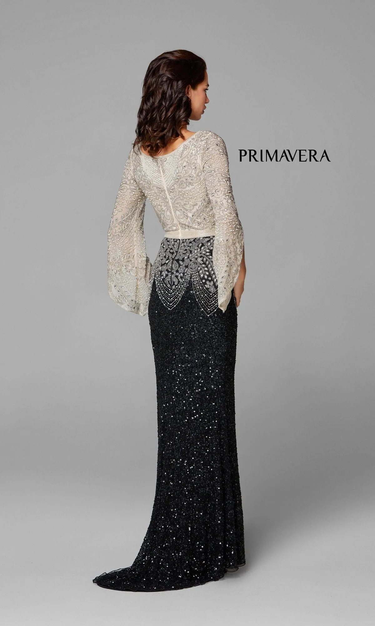 Beaded Evening Gown with Long Bell Sleeves 3680