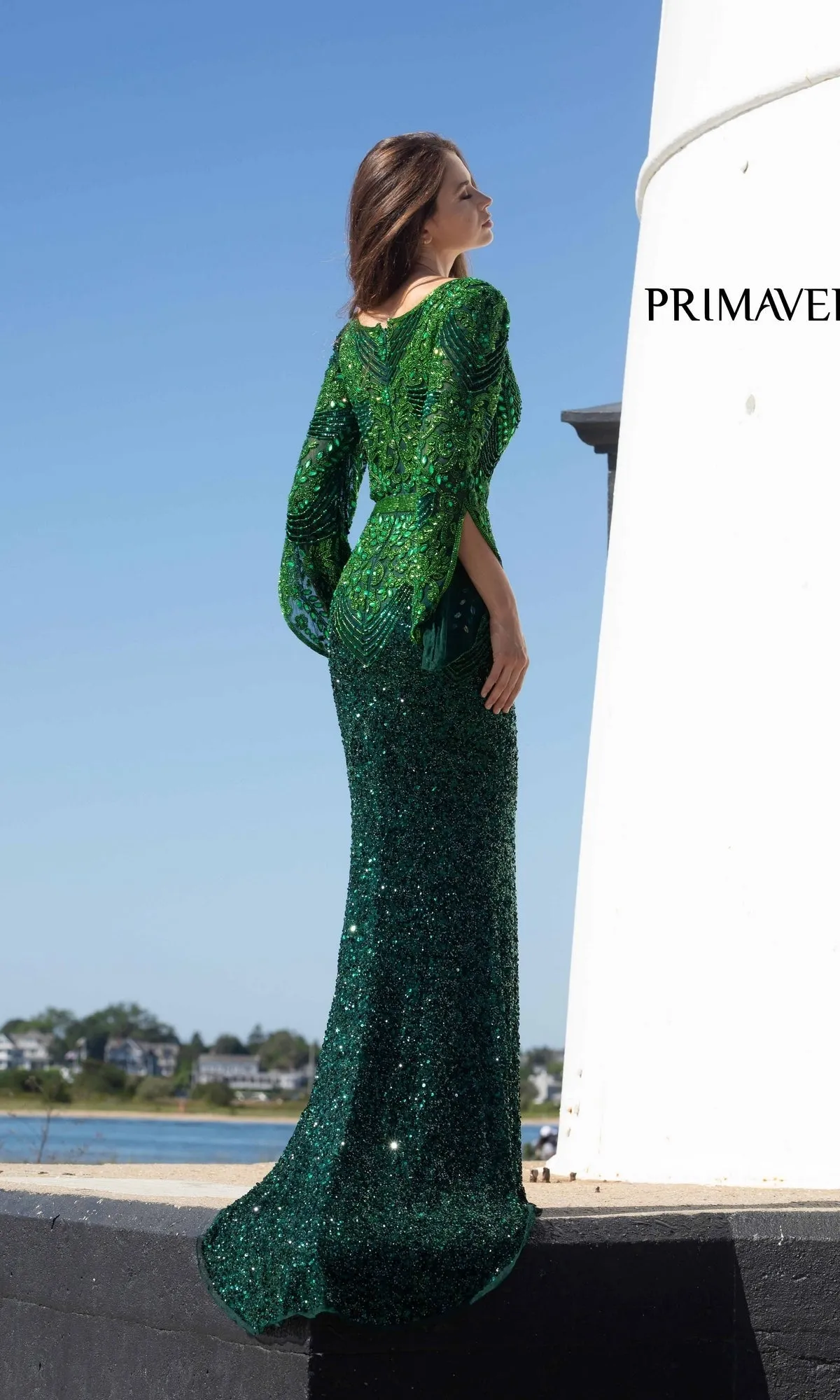 Beaded Evening Gown with Long Bell Sleeves 3680