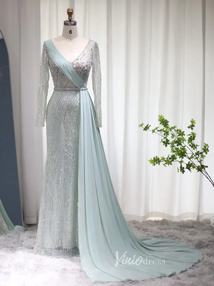 Beaded Light Green Sheath Prom Dresses Long Sleeve Overskirt Evening Dress 20086