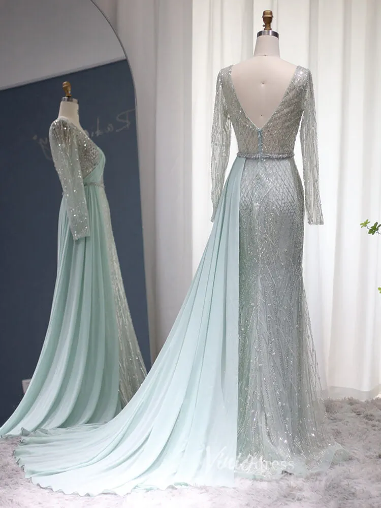 Beaded Light Green Sheath Prom Dresses Long Sleeve Overskirt Evening Dress 20086