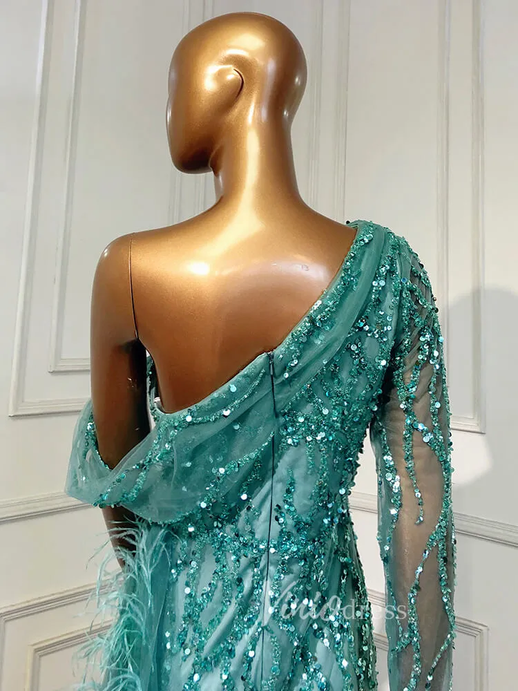 Beaded Mauve Feather Prom Dressses One Shoulder Long Sleeve Green Evening Dress 20009