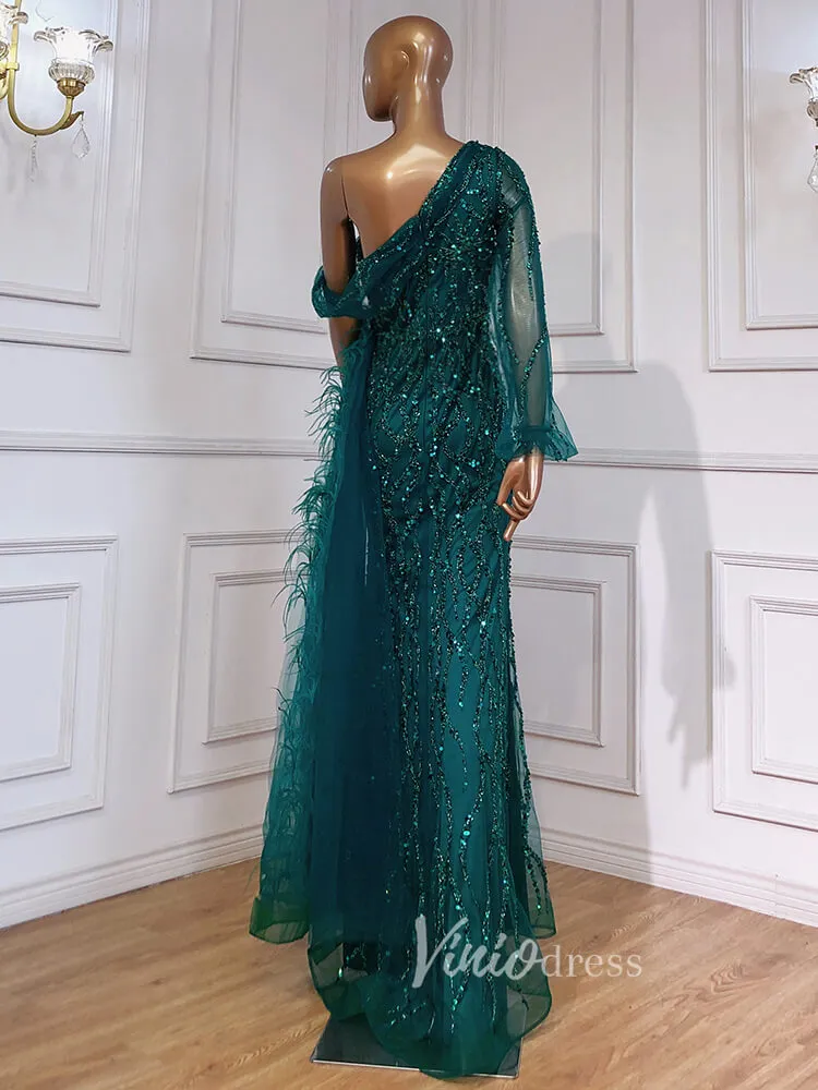 Beaded Mauve Feather Prom Dressses One Shoulder Long Sleeve Green Evening Dress 20009