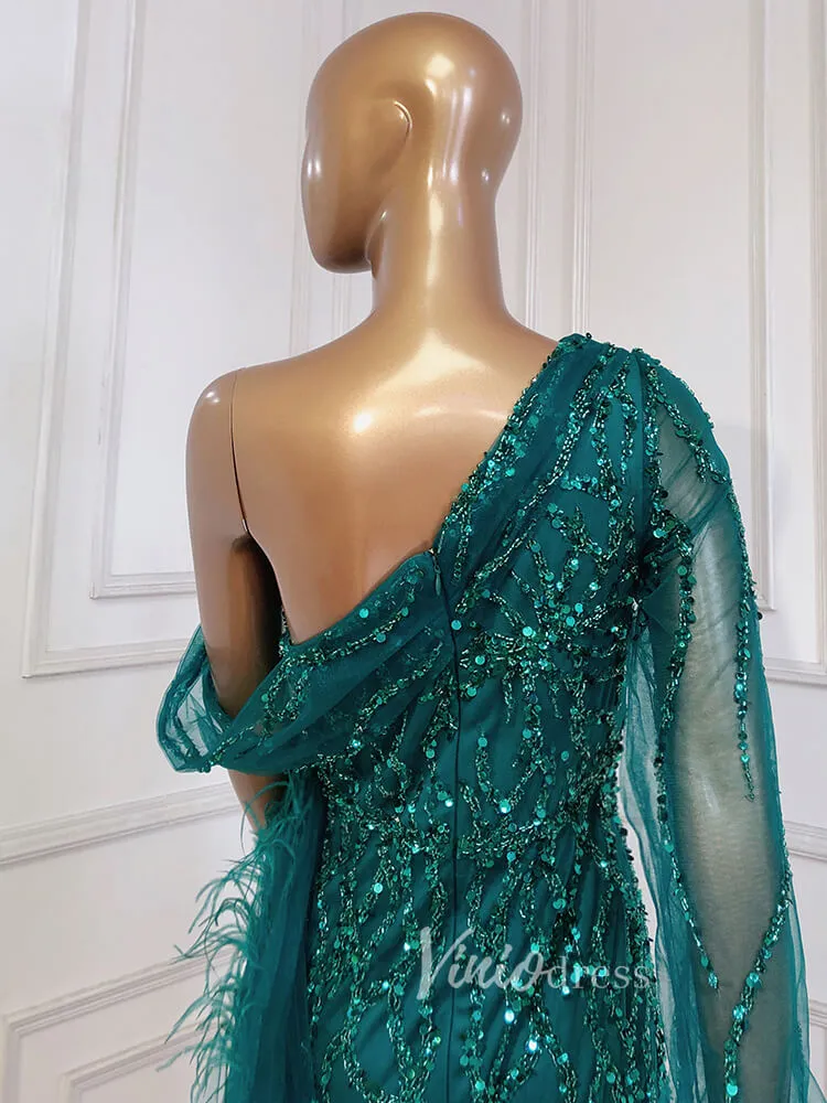 Beaded Mauve Feather Prom Dressses One Shoulder Long Sleeve Green Evening Dress 20009