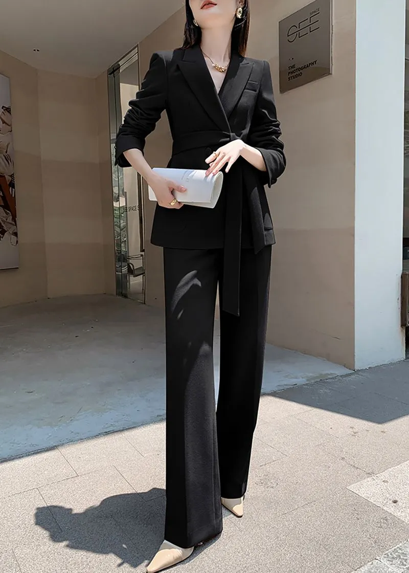 Belted Double Breasted Blazer Wide Pants Suit Two-Piece Set