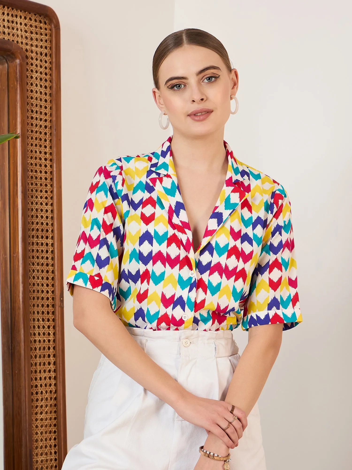 Berrylush BIZwear Women White & Multicolour Geometric Printed Collar Neck Front Button Regular Top